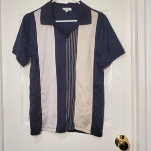 Men's Reiss Navy and Beige Striped Shirt
